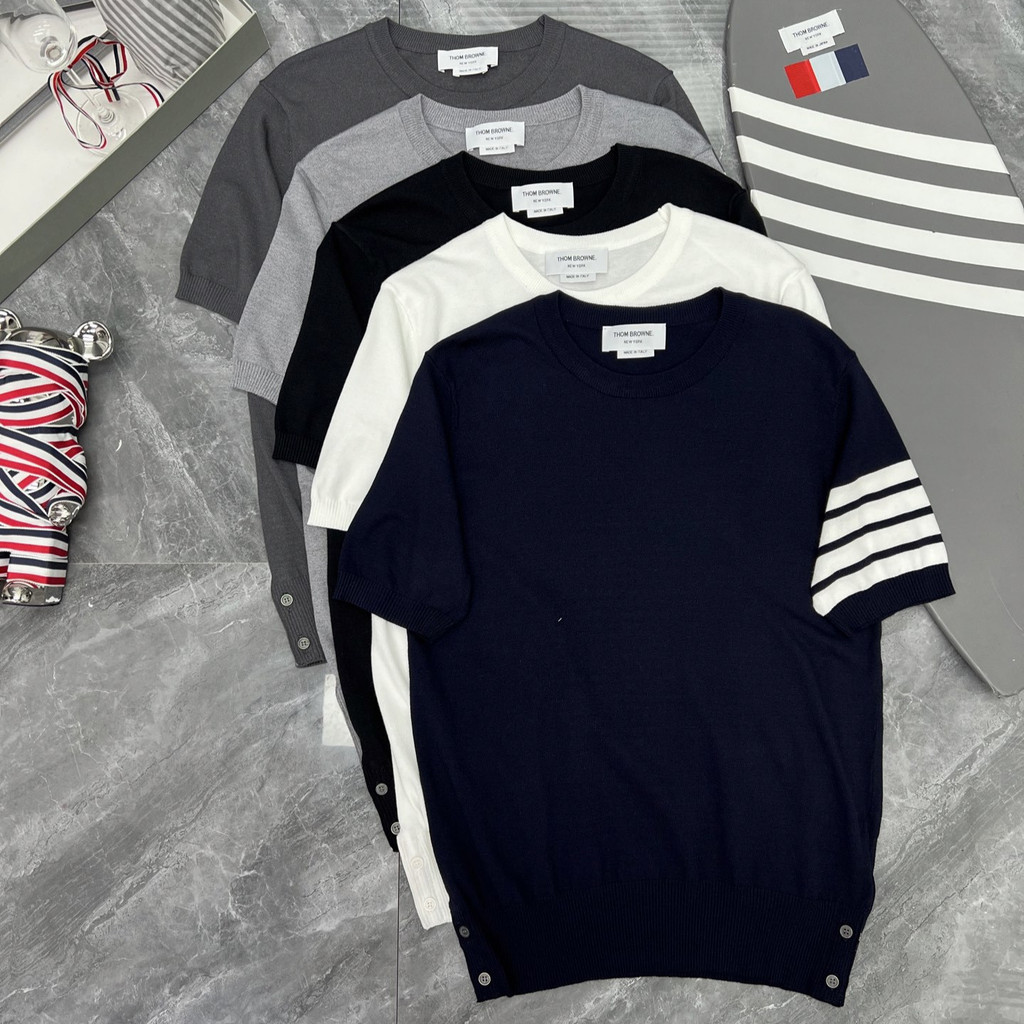 YS03 Classic Summer Four-Bar Stripe Short-Sleeve Ice Silk Unisex Crew Neck Top T Shirt