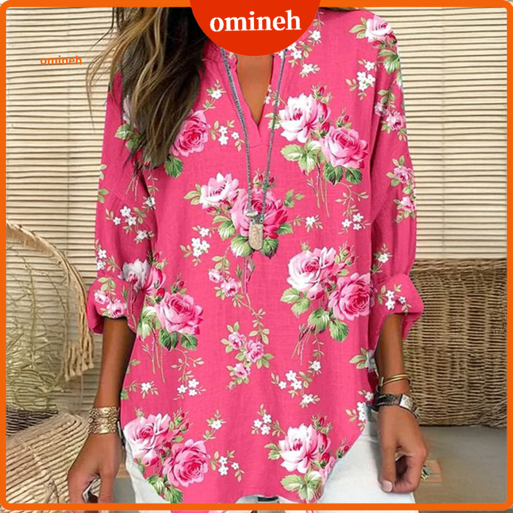 V-neck Blouse Tops Women’s Oversize Long Sleeve Shirt Spring Autumn Breathable Soft Fabric Relaxed Fit 3d Print Patter