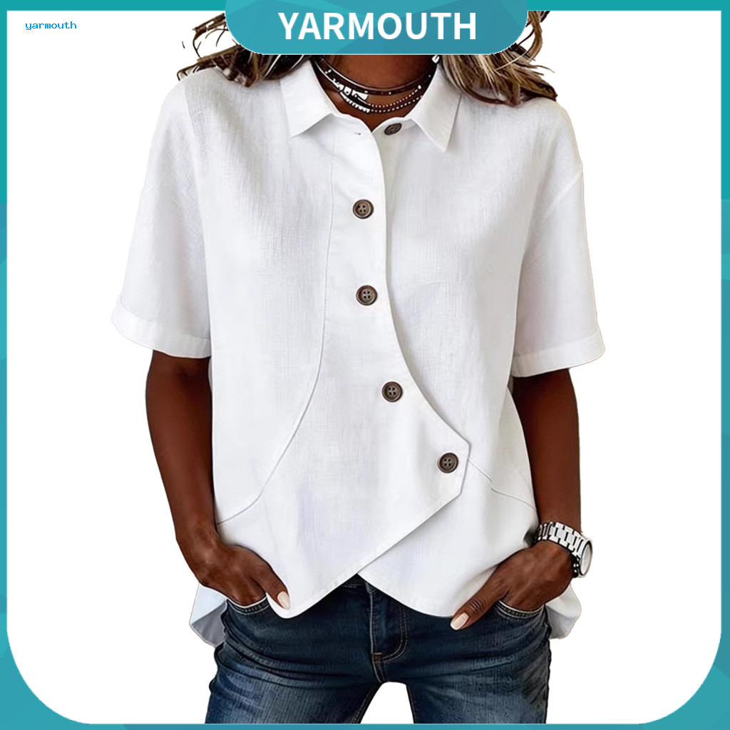 Breathable Women Top Loose Fit Shirt Women’s Summer Pure Color Short Sleeve Lapel with Irregular Button Placket Stylis