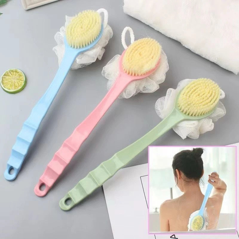 2-in-1 Exfoliating Back Bath Brush with Sponge and Extended Handle