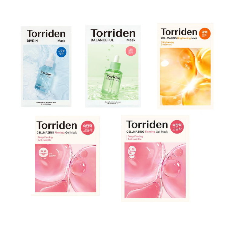 TORRIDEN 5 Tipos De Pacotes De Máscaras (Ácido Hialurônico Molecular Baixo Mergulho, Cica Balanceful, Iluminador, Gel De Colágeno Apenas Para Rosto, E Pescoço)