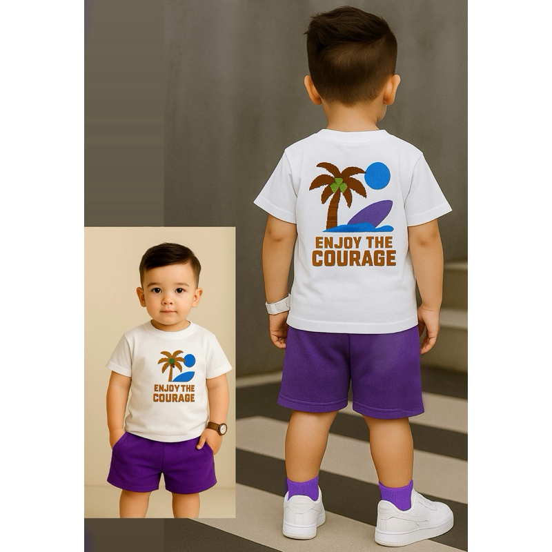 Conjunto Infantil Masculino –Camiseta e Shorts Estilo Street FORMA GRANDE-CAMISA branca coragem-teco roxa