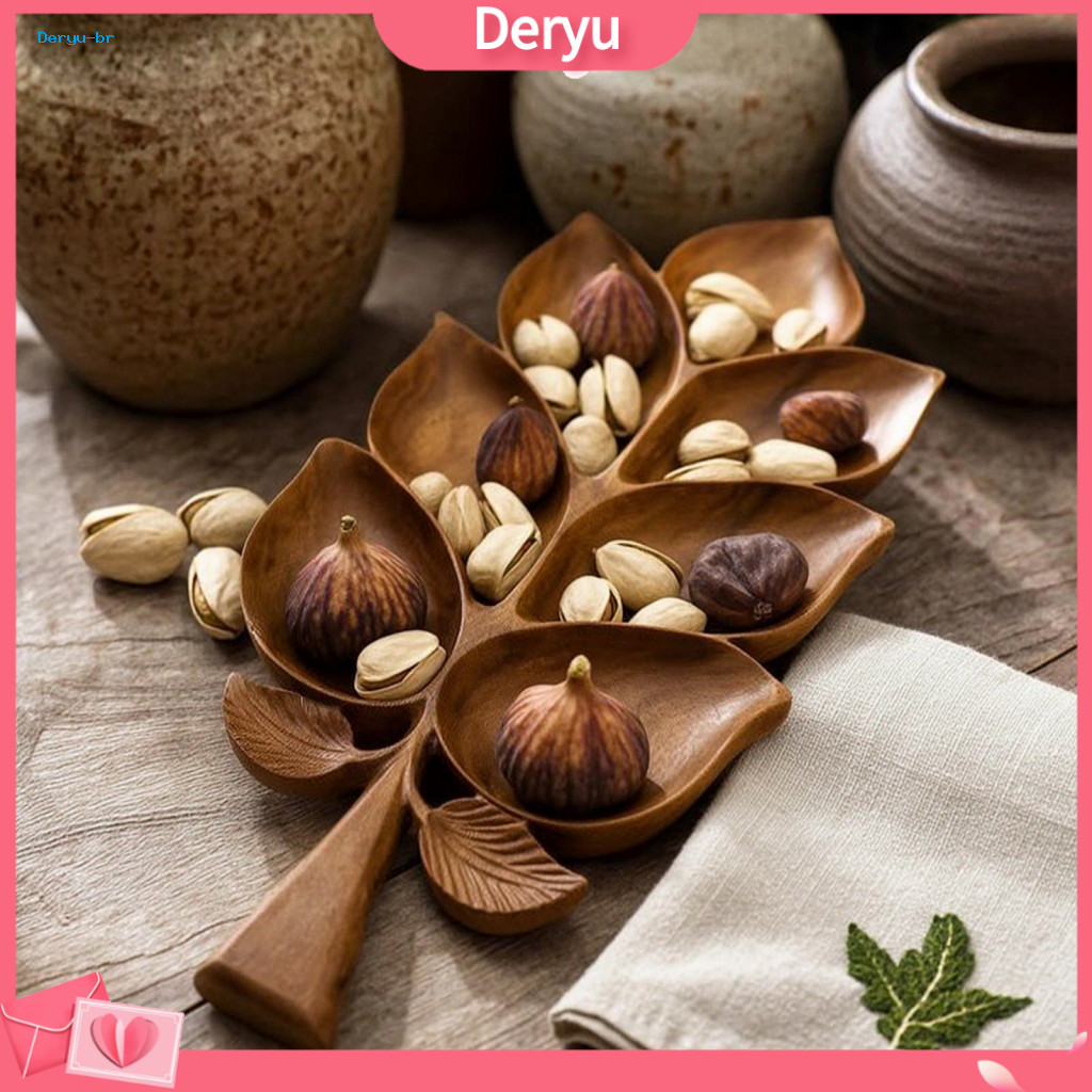 Wooden Serving Tray for Snacks Handmade Sheesham Wood Leaf with 7 Compartments – Rustic Snack Dry Fruit Platter Charcu