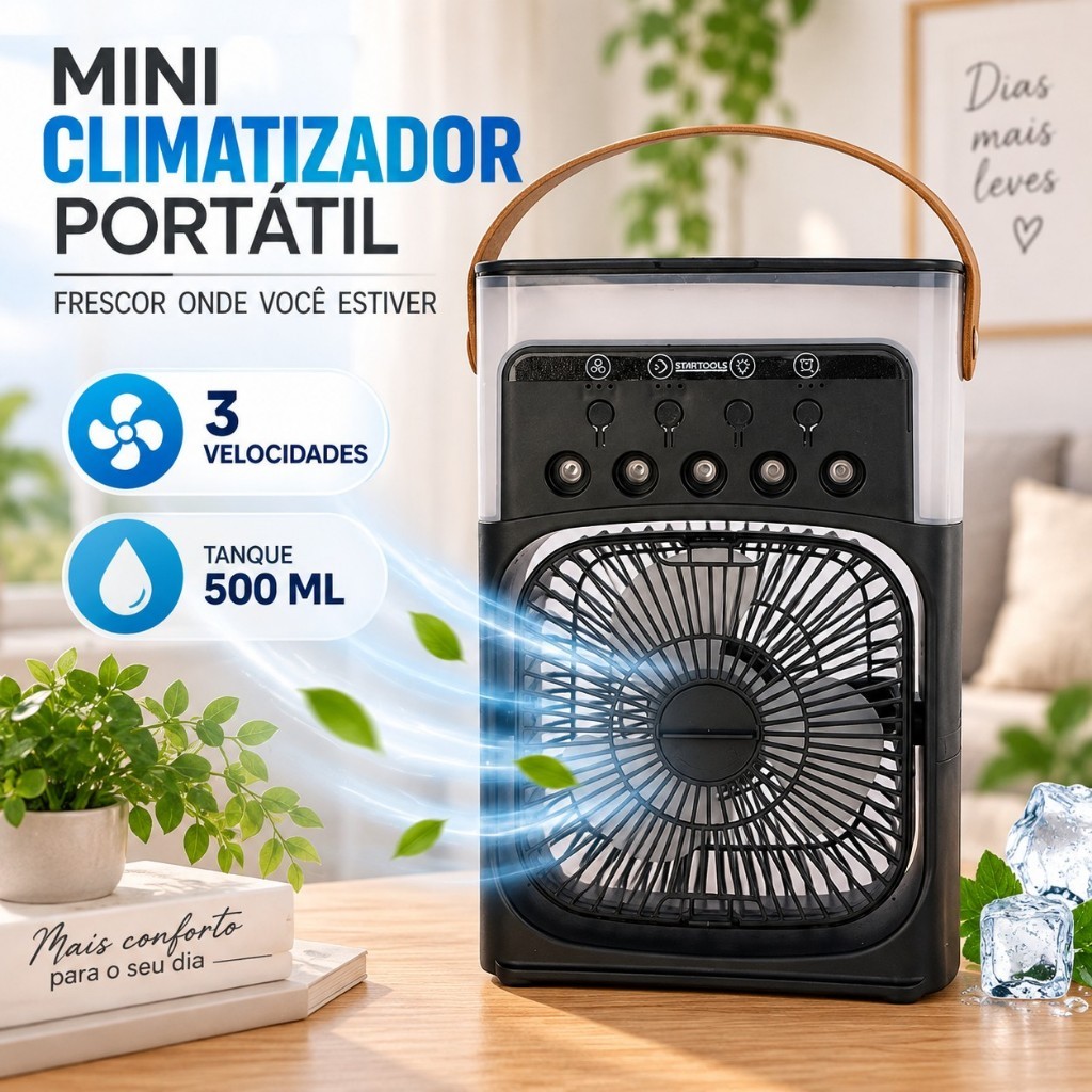 Climatizador ventilador portátil LED STARTOOLS 10W bivolt 500ml 3 velocidades preta