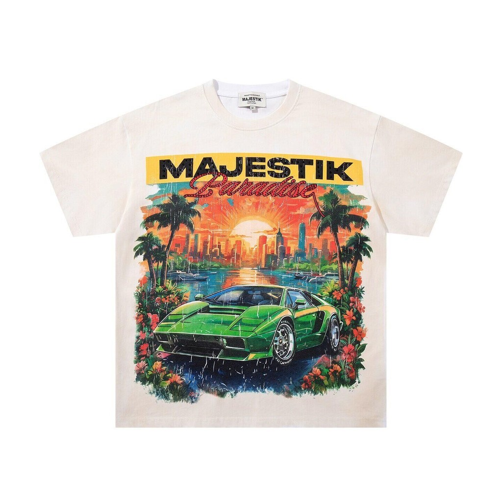 MAJESTIK Street Casual Car Print Camiseta de manga curta Homens Mulheres Americano Retro Hot Diamond Solto Top de verão