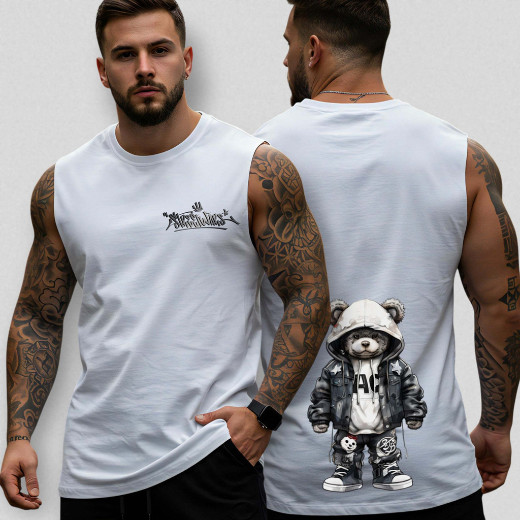 Camiseta Regata Oversized Masculina Urso Street 100 Algodão Premium Estilo Academia Casual Treino