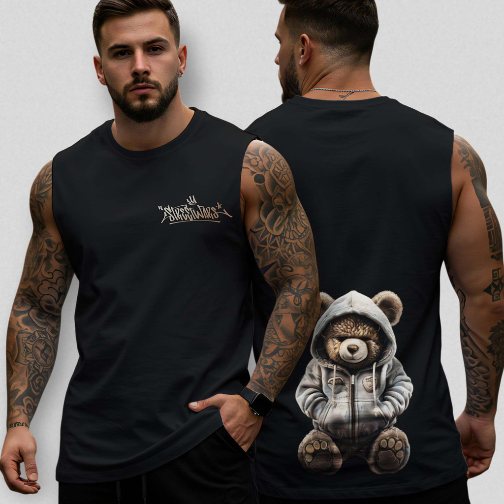 Camiseta Regata Oversized Masculina Urso Street 98 Algodão Premium Estilo Academia Casual Treino