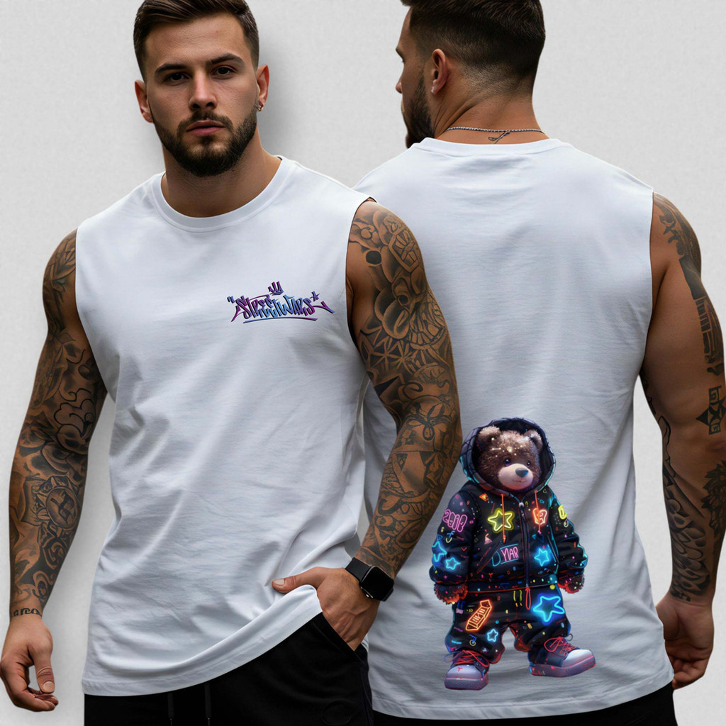 Camiseta Regata Oversized Masculina Urso Street 101 Algodão Premium Estilo Academia Casual Treino