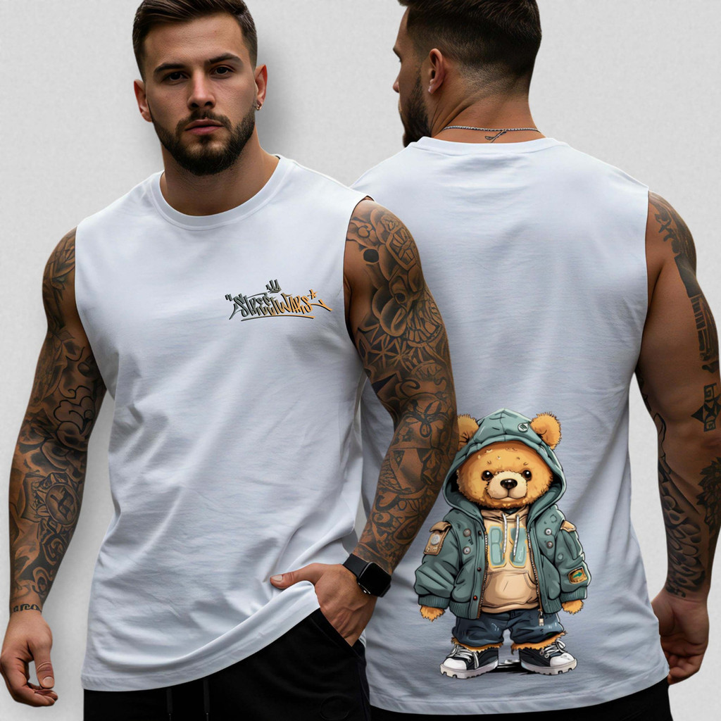 Regata Oversized Masculina Urso Street 104 Camiseta Longline Algodão Premium Estilo Casual Treino