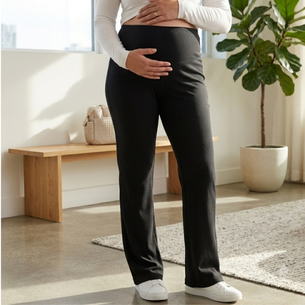 Calça Reta Gestante Canelada Cós Alto Anatômico Fresquinha Grávida Com Forro Simple Mama