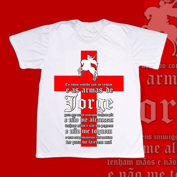 Camiseta São Jorge Oração e Cruz vermelha simples - Poliéster