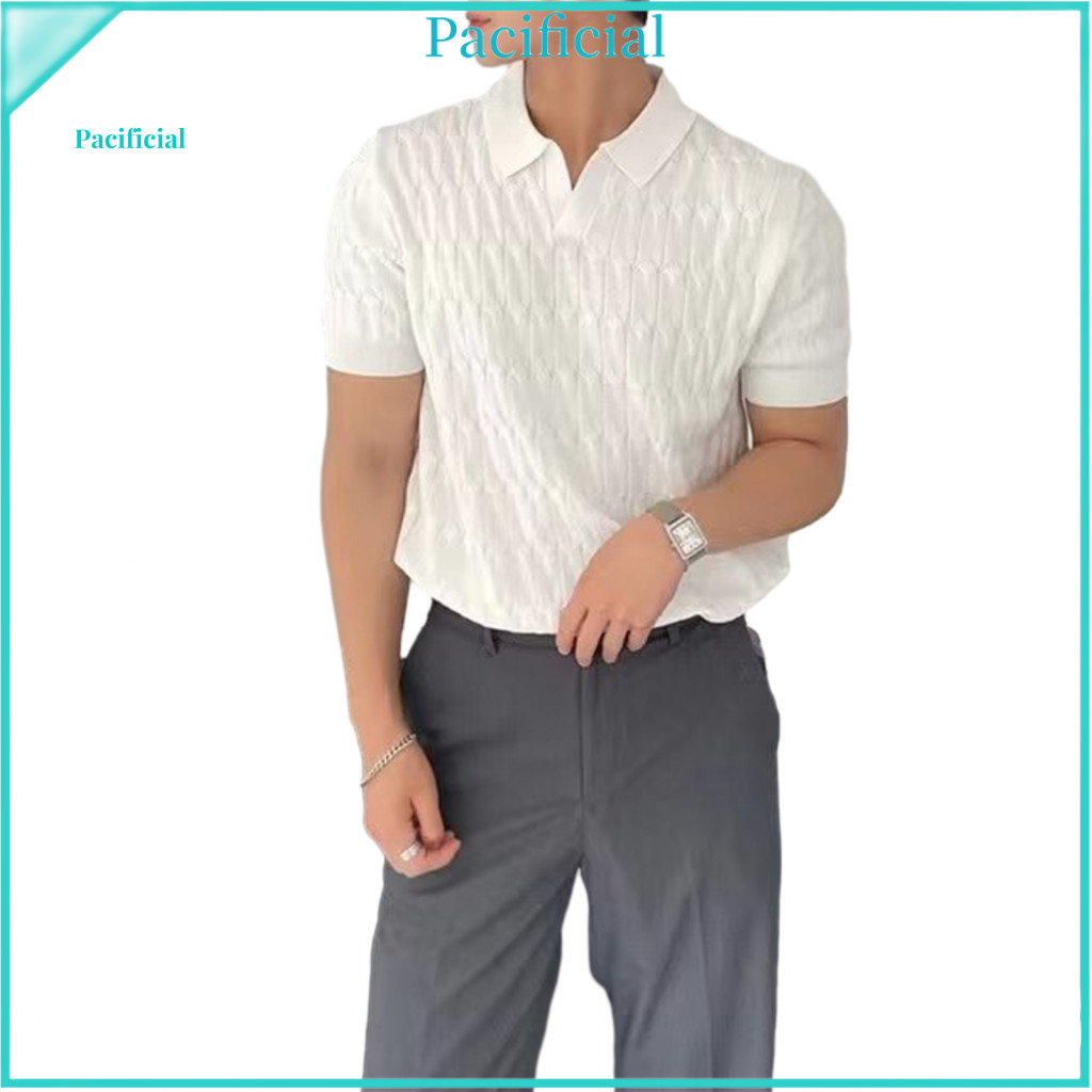 Men Short Sleeve Shirt Lightweight Summer Men’s V-neck Knitted T-shirt Breathable Pullover Loose Fit Solid Color Top w