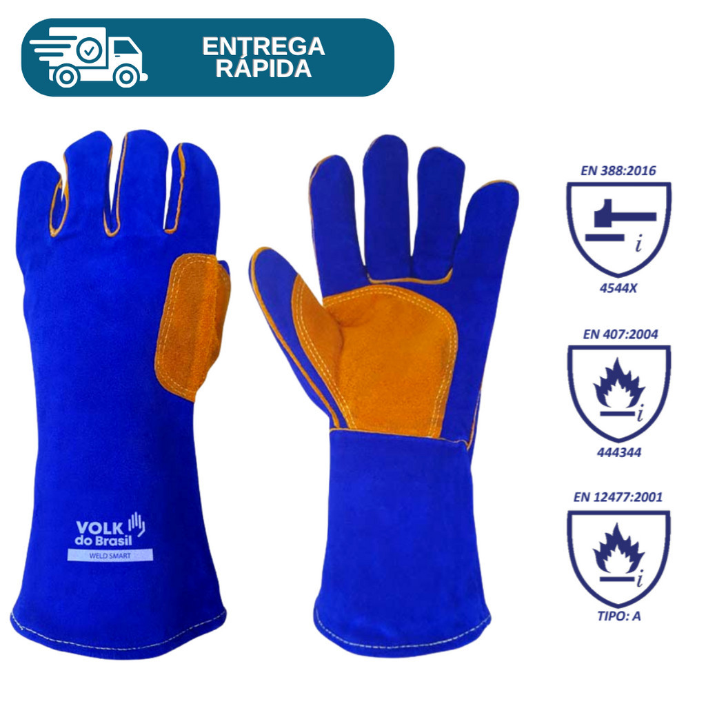 Luva De Solda Weld Smart Térmica Soldador Alta Temperatura 500 Graus Couro Raspa Reforçada Volk
