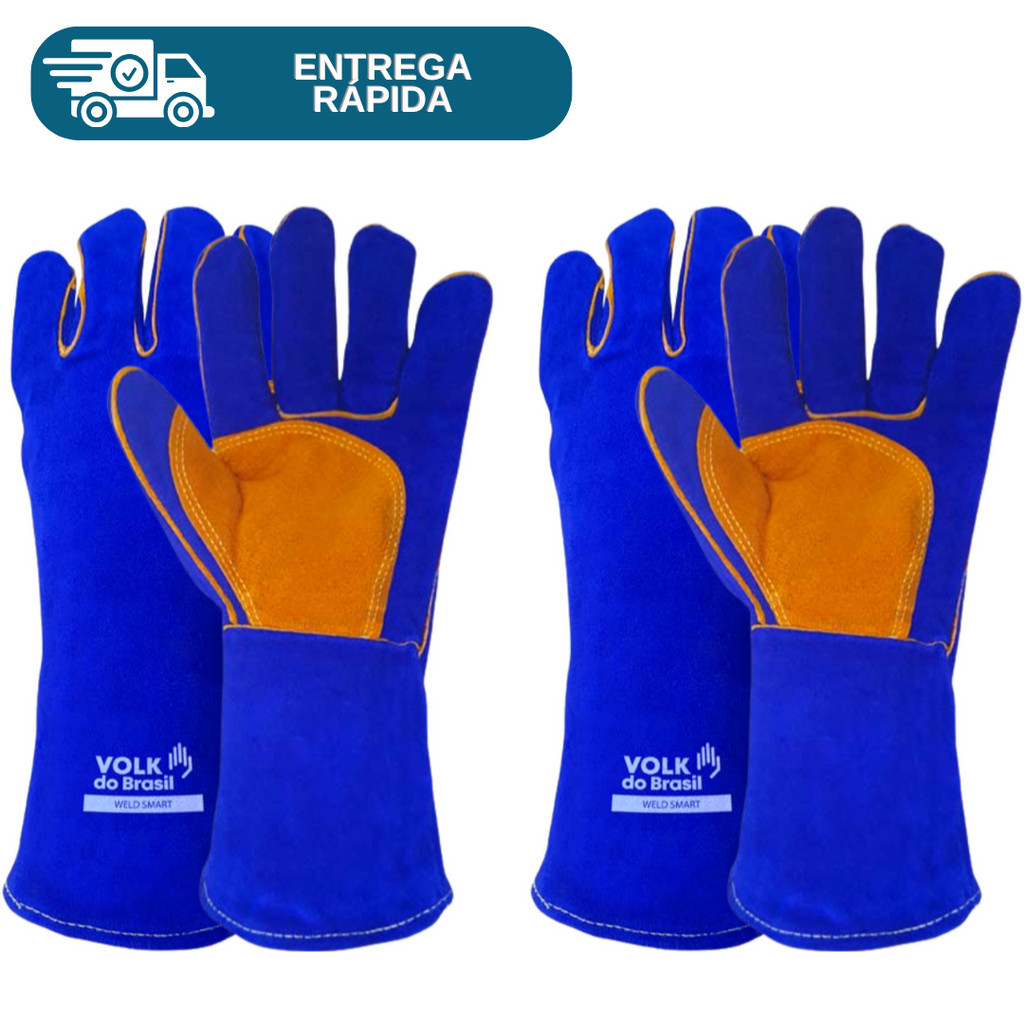 Kit 2 Prs Luva De Solda Weld Smart Térmica Soldador Alta Temperatura 500 Graus Couro Raspa Reforçada Volk