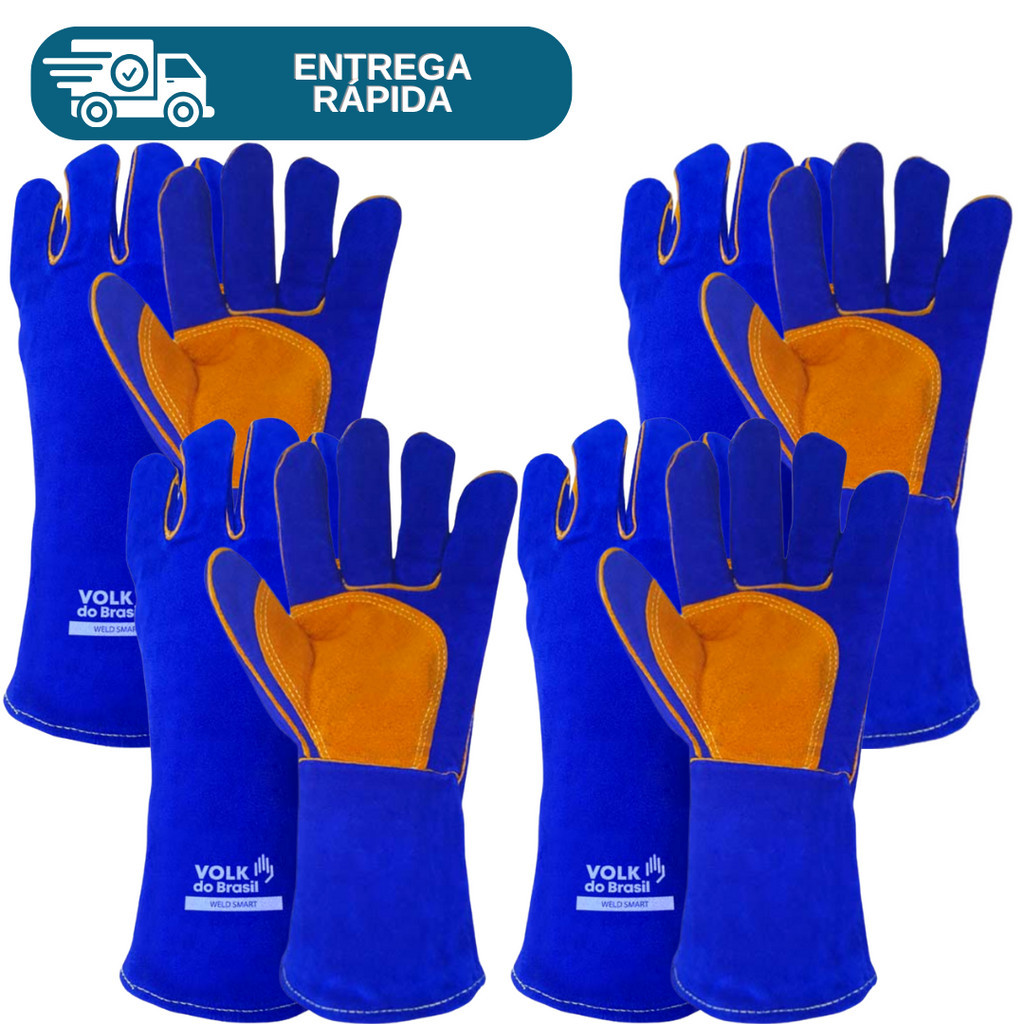 Kit 4 Prs Luva De Solda Weld Smart Térmica Soldador Alta Temperatura 500 Graus Couro Raspa Reforçada Volk