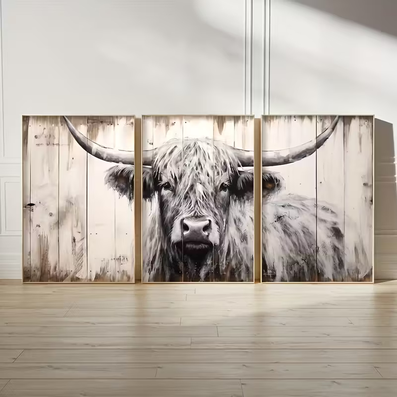 Kit 3 Quadros Touro Highland Rústico Boi Chifres Decoração Sala Quarto Lanchonete