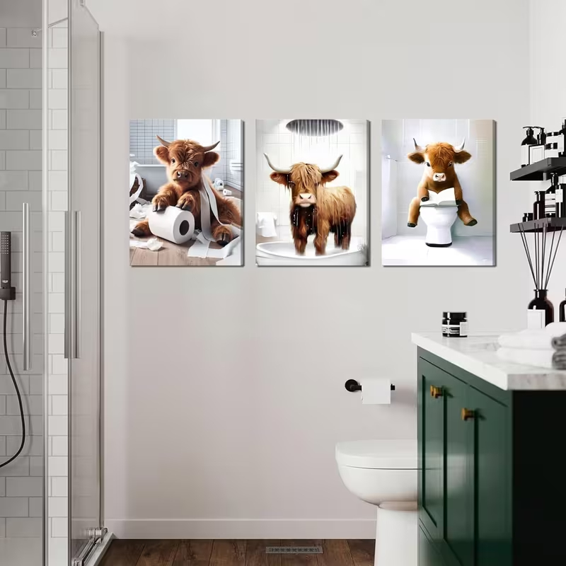 Kit 3 Quadros Vaca Highland Banheiro Engraçado Conjunto 3 Quadros Animais Engraçados Vaca no Banho