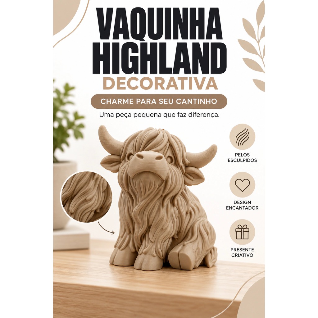 Vaquinha Highland Decorativa Bege Escultura para Mesa e Estante