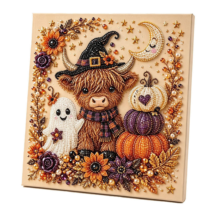 Kit Arte com Pérolas Vaca Highland Halloween 20x20cm DIY Tela Montada