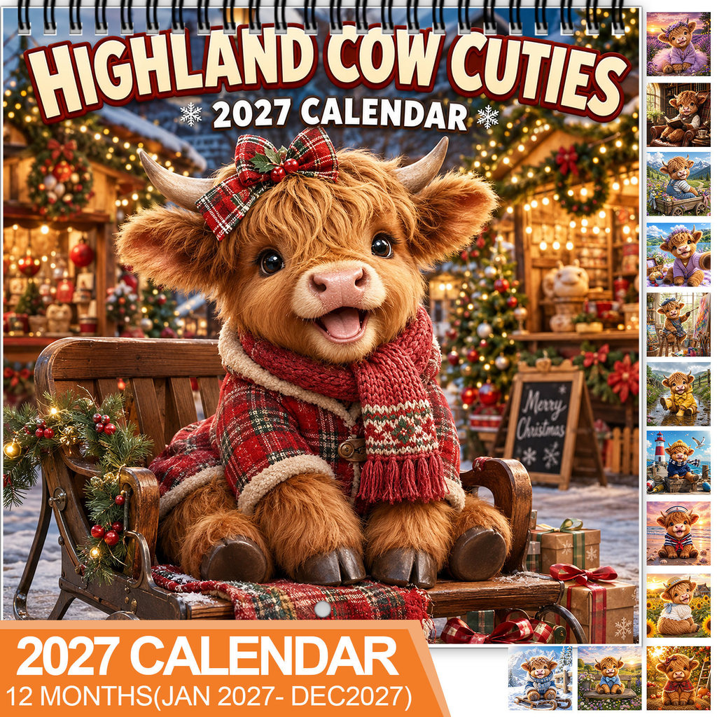 2 unidades do calendário de parede da nova série fofa de vacas Highland 2027, 12 meses