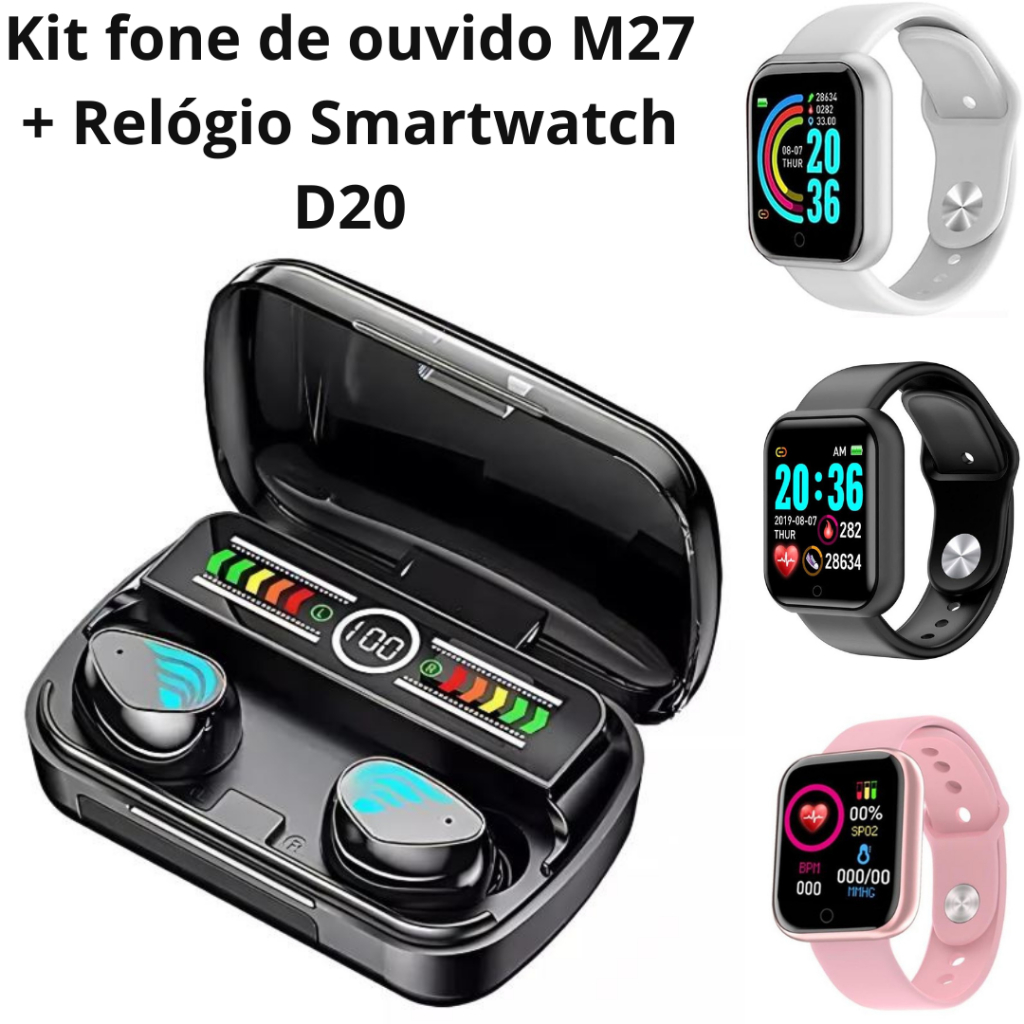 Kit Fone de Ouvido sem Fio M27 V5.3 Zero Delay Dual Mode + Relógio Digital Smartwatch D20 Y68