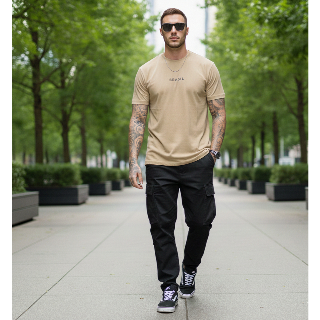 Camiseta BRASIL Classic Escrito Camisa Masculina Moda Streetwear Básica 100% Algodão