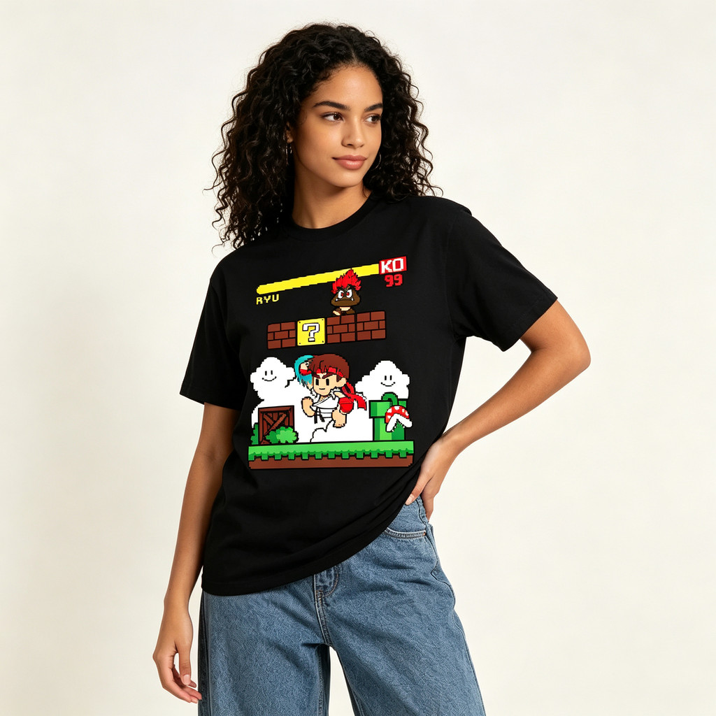 Atelier das Estampas Camiseta Feminina Super Mario Bros Estampa Colorida Retro Fofa Pintada em Pixel