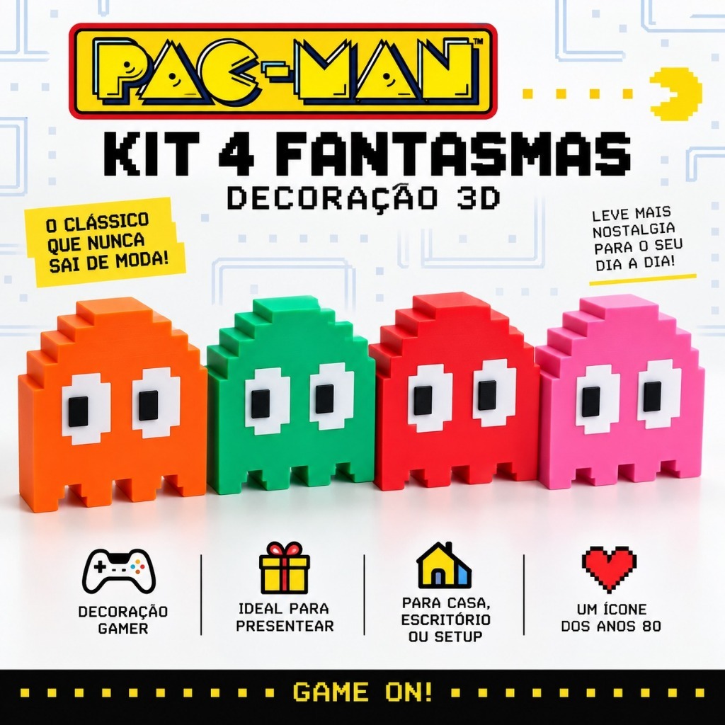 Kit 4 Fantasmas Pac-Man 3D Pixel Retrô Decoração Gamer Quarto Sala Festa