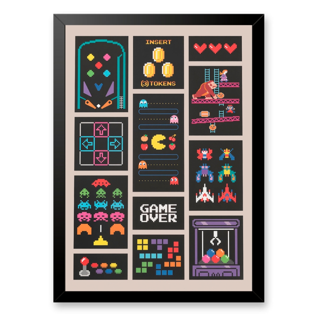 Quadro Arcade Retrô Video Gamer Vintage Pixel C/ Moldura e Vidro