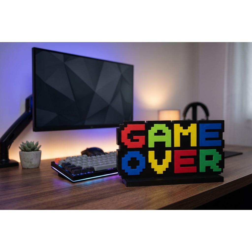 Display Game Over 3D 25cm Pixel Art Retrô Decoração Gamer Setup Quarto Mesa