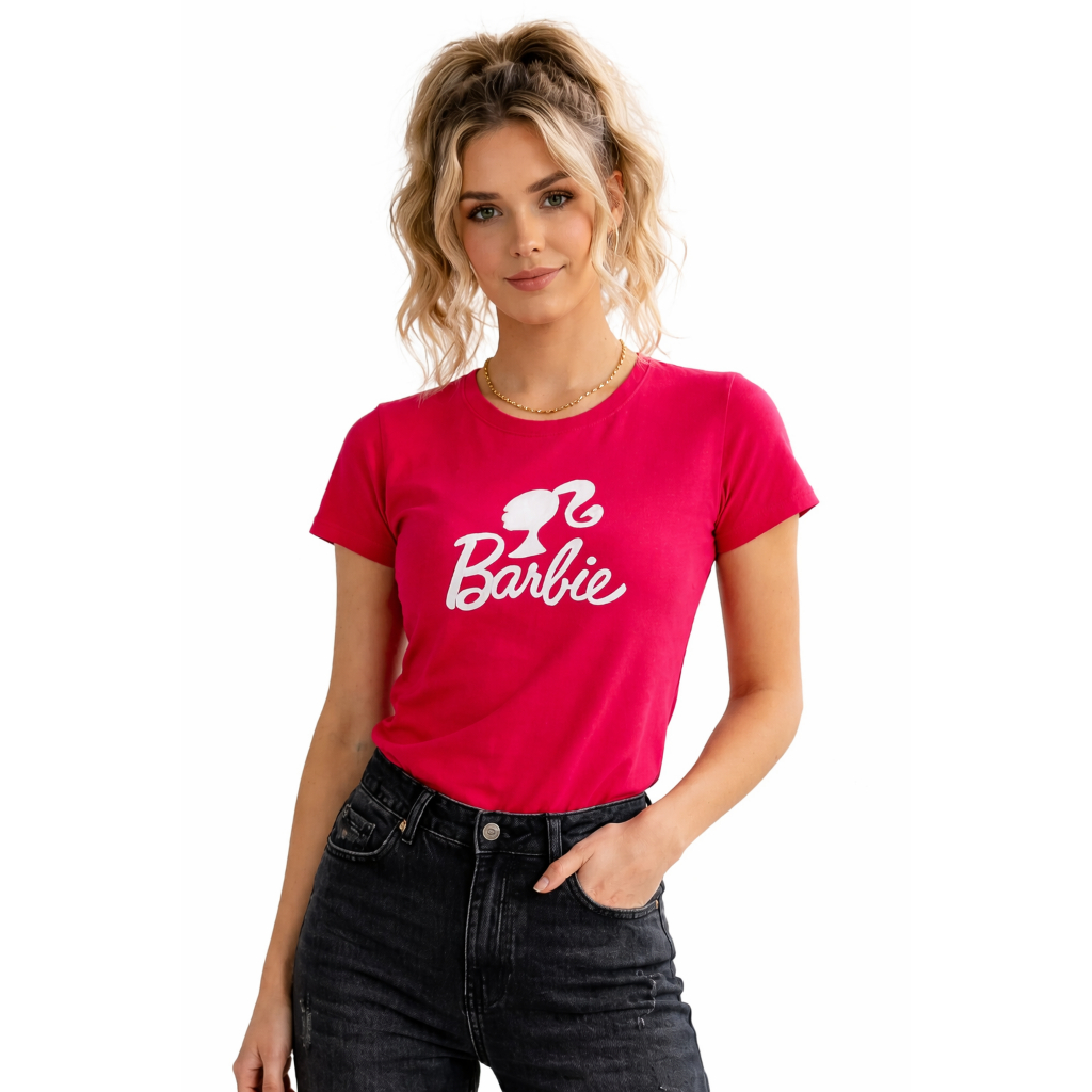 Camiseta Feminina Barbie Estampada  Rosa Car T-Shirt Moda Feminina Casual