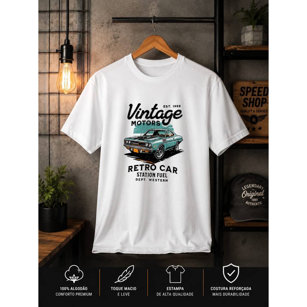 Camiseta Masculina Casual Estilo Vintage Retro Car Diversas Cores Modelo Premium  100% Algodão