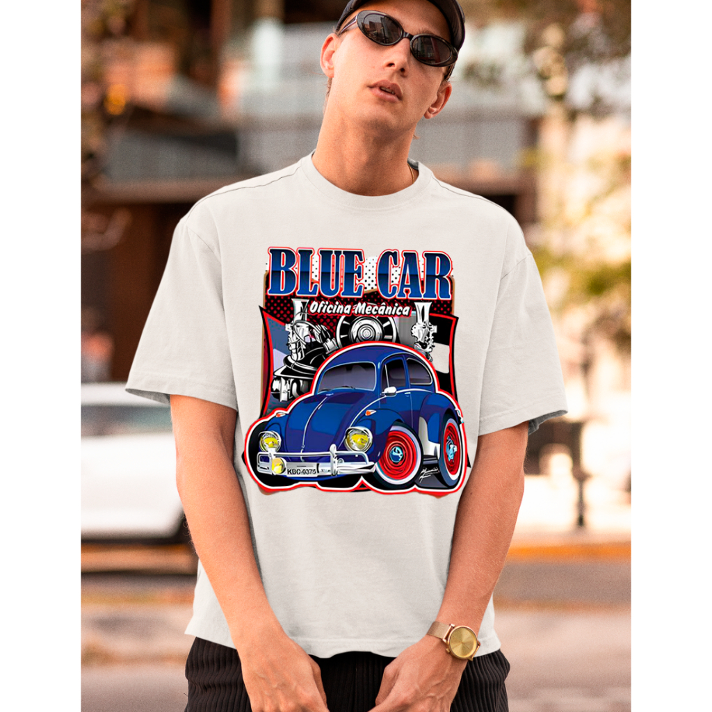 Camisa Casual Oversized Estampa Carro Fusca Azul Blue Car Malha Reforçada 100% Algodão Confortável