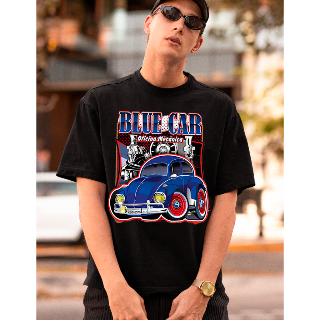 Camisa Casual Oversized Estampa Blue Car Fusca Azul Malha 100% Algodão Flanelado Envio Imediato