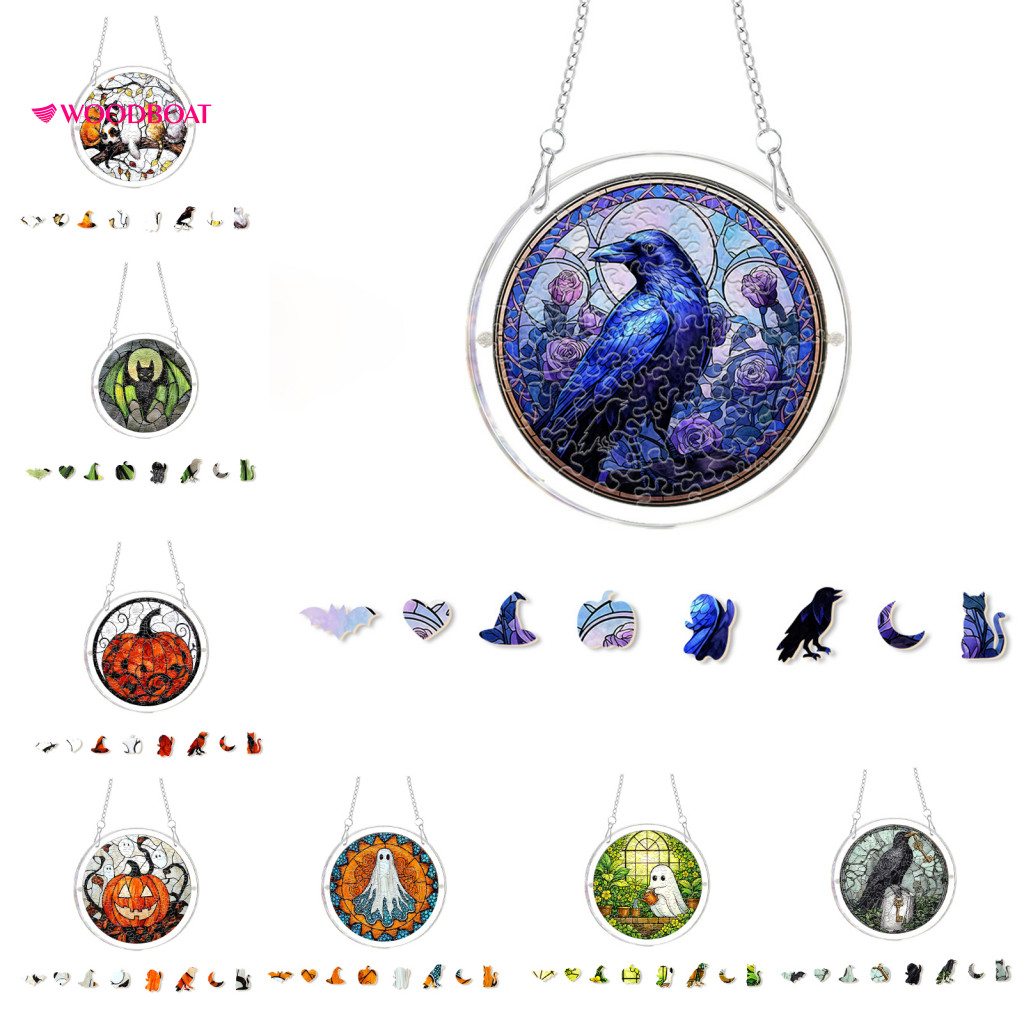 Acrylic Puzzle Art Halloween Bat Pumpkin Jigsaw Suncatcher Stained Glass Style Window Hanging Decor for Home Garden Perf