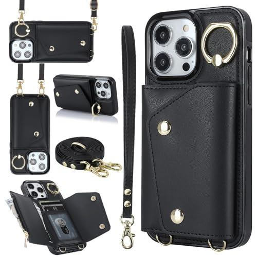 Compatível Com Capa Carteira Para iPhone 15 Pro , Porta-Cartões Alça Crossbody E Cordão Mulheres , Flip De Couro PU Supo