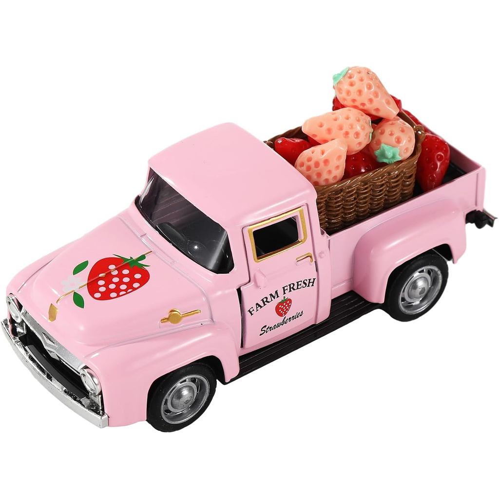 OMISTAR Vintage Pink Pickup Truck Decor with Strawberries, Metal Diecast Farmhouse Truck Decoration, Removable Strawberr