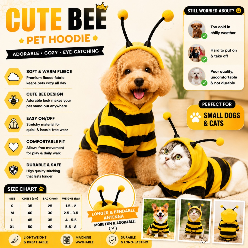 Moletom Com Capuz Fofo Para Animais De Estimação Tema De Abelha-Um De Malha Aconchegante Filhotes E Gatos , Perfeito Fan