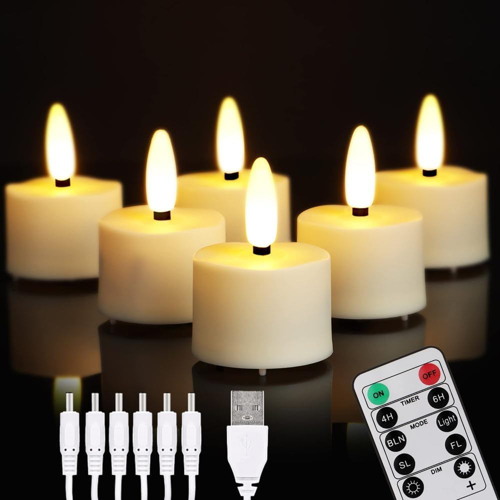FPOO Rechargeable Tea Lights with Remote Timer, 6 Flameless Votive Candles | USB Rechargeable with remote, 4H/6H timer,