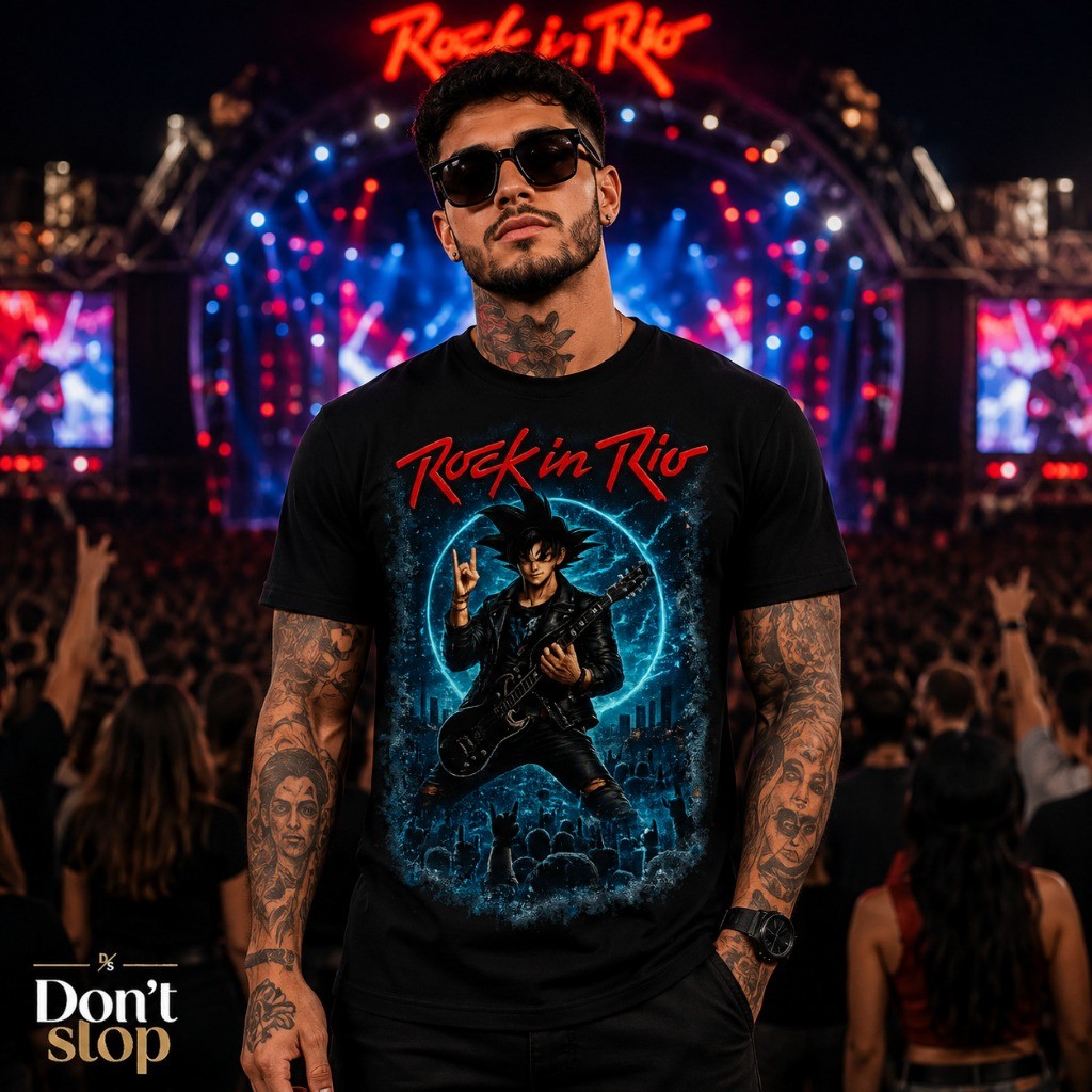 Camiseta Rock in Rio 2026 Goku Festival Show Anime Rock Algodão Estampada Masculino Feminina Unissex Goku Roqueiro