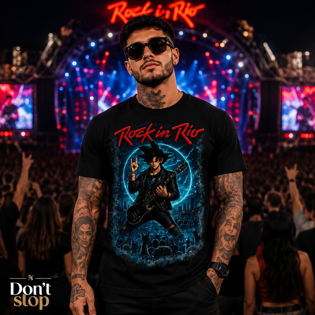Camiseta Rock in Rio 2026 Goku Festival Show Anime Rock Algodão Estampada Masculino Feminina Unissex Goku Roqueiro