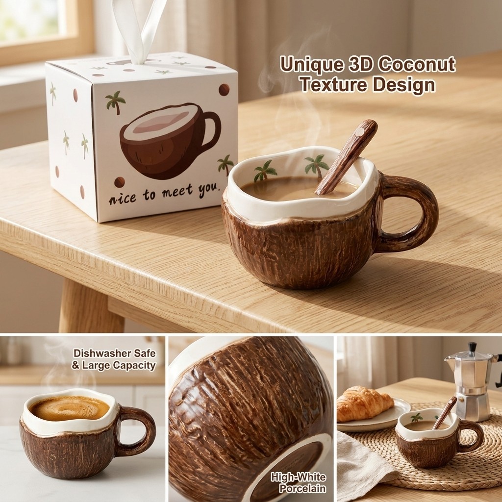 Caneca De Cerâmica De Coco 3D Underglaze Coffee Milk Cup Para Café Da Manhã Em Casa