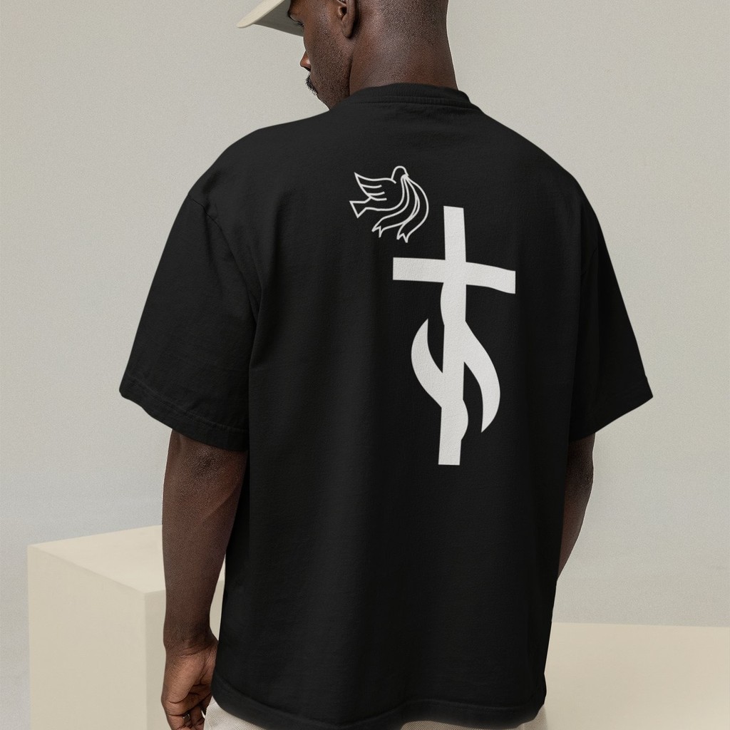 Camiseta Oversized Plus Size Cristã Católica Gola Alta Streetwear Algodão CRUZ DA PAZ