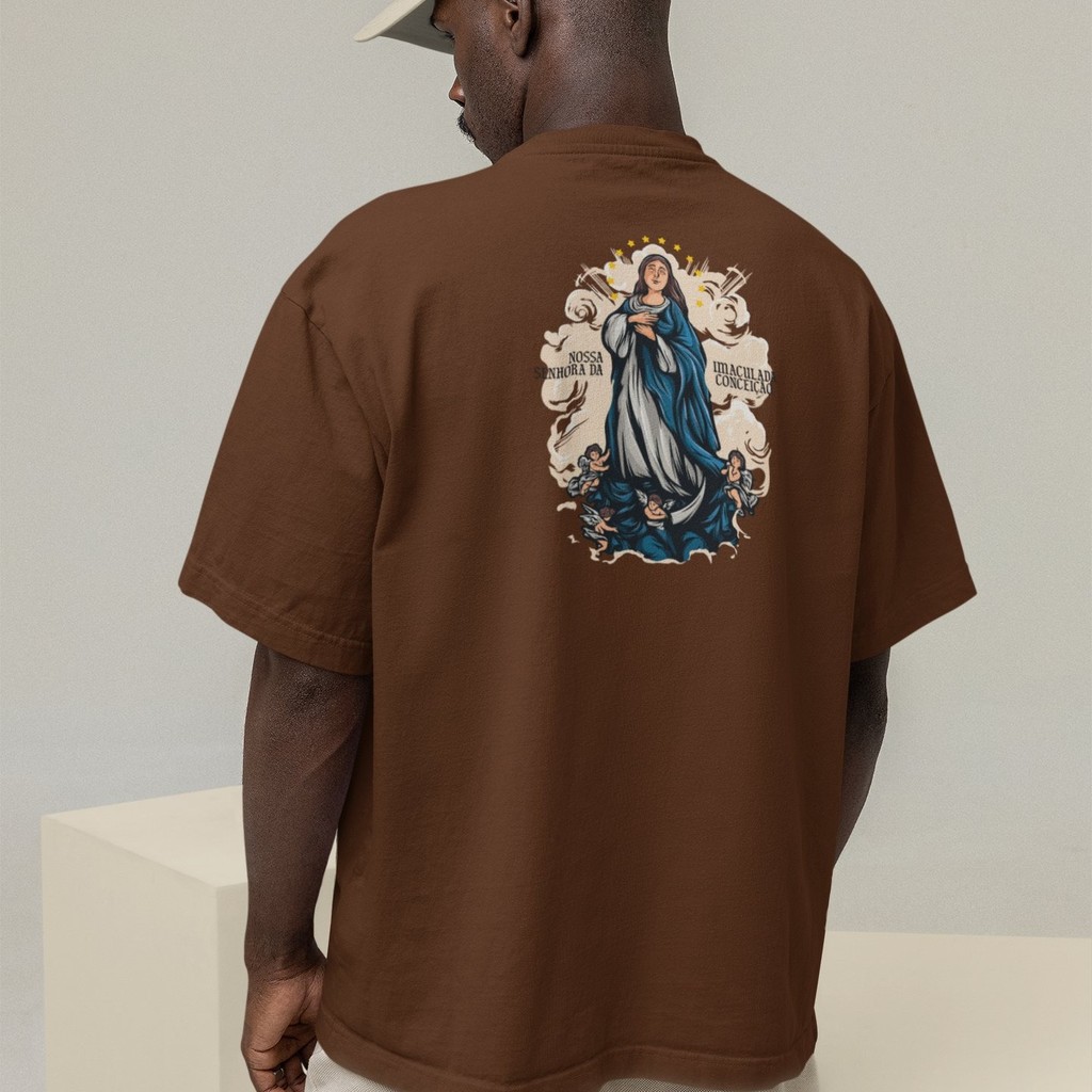 Camiseta Oversized Plus Size Cristã Católica Gola Alta Streetwear Algodão NOSSA SENHORA DA IMACULADA