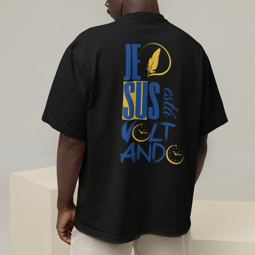 Camiseta Oversized Plus Size Cristã Católica Gola Alta Streetwear Algodão JESUS ESTÁ VOLTANDO
