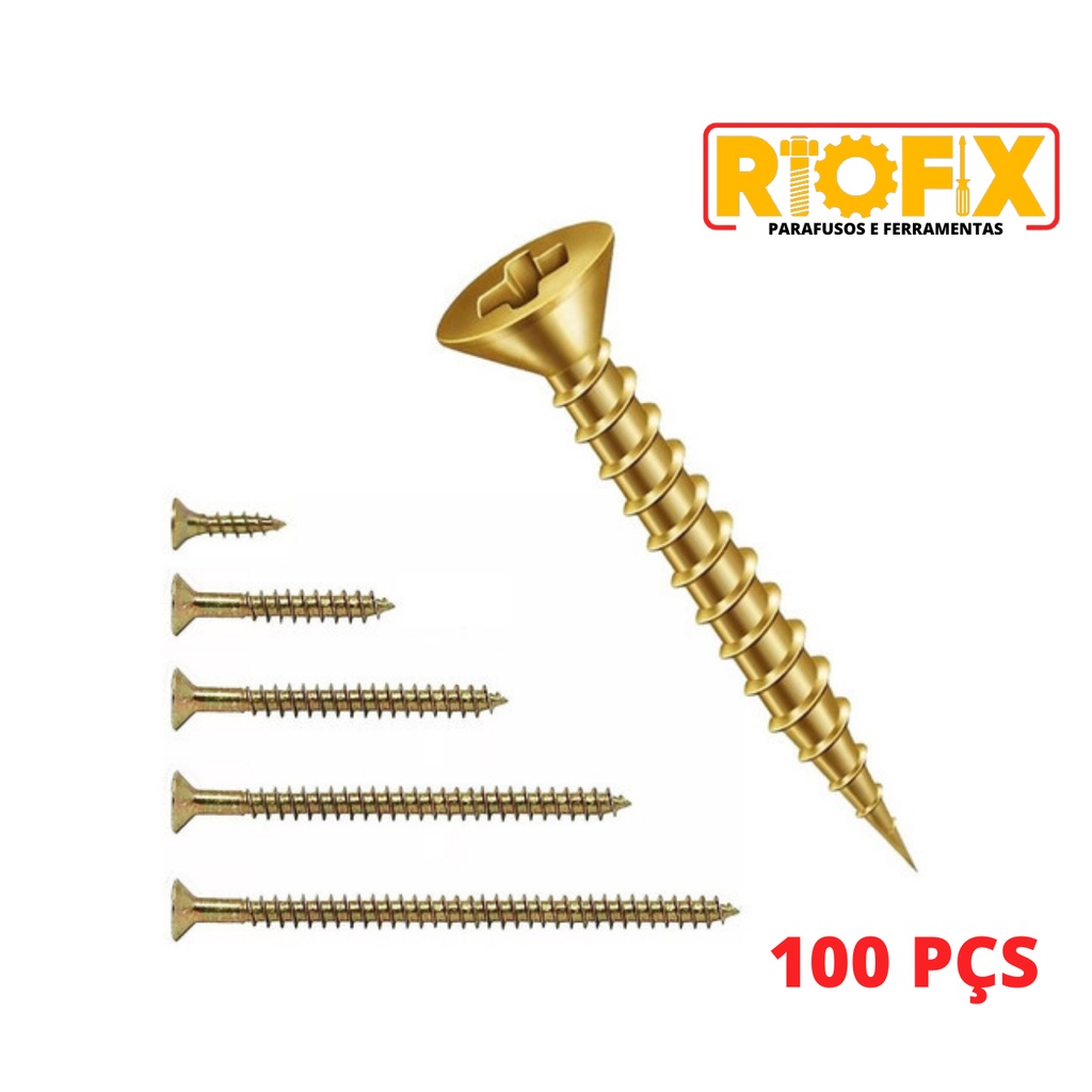 100 Parafusos Chipboard 4,0mm Para Moveis Madeira e MDF Cabeça Chata Bicromatizado