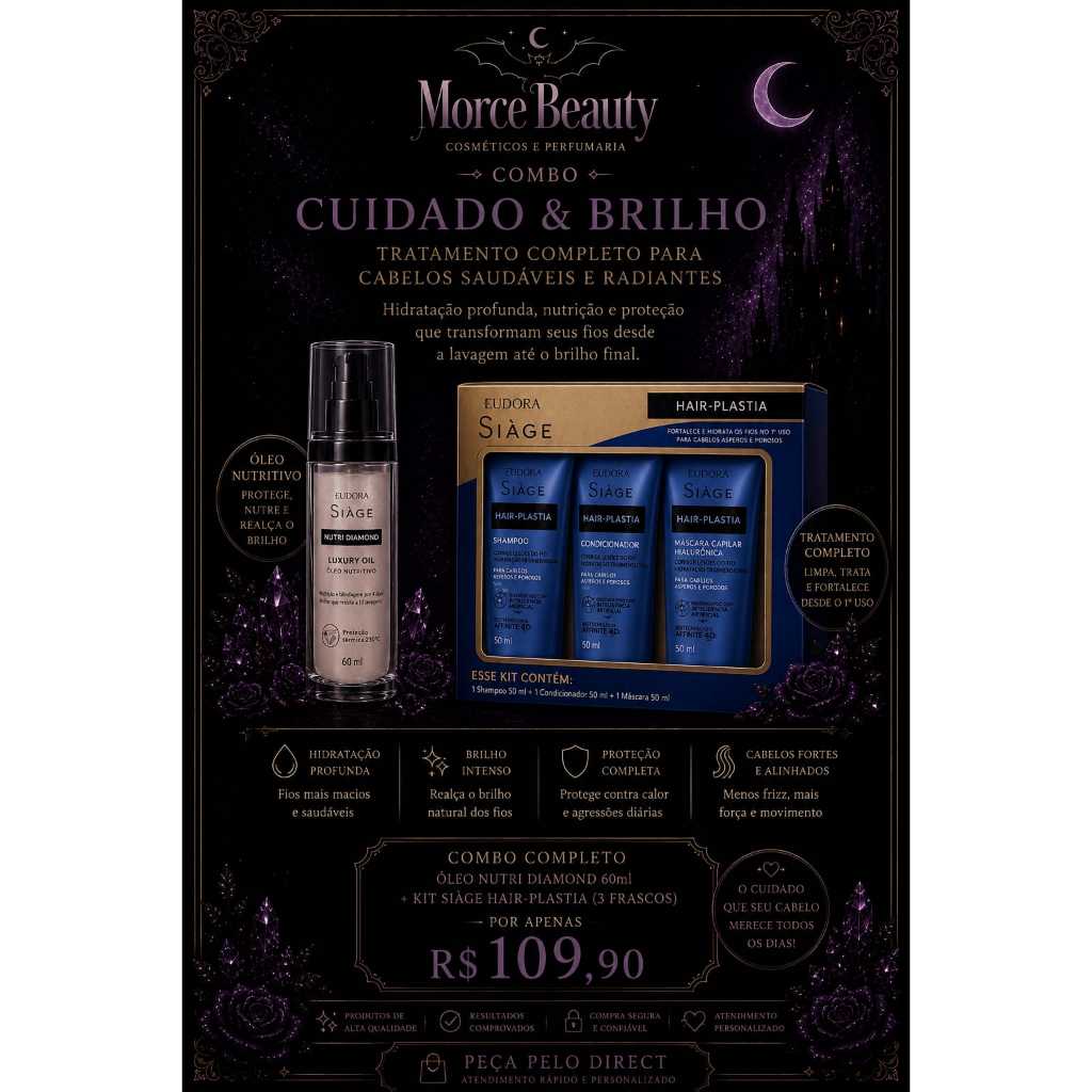 Combo Eudora Siàge Hair-Plastia Mini + Óleo Nutri Diamond Luxury Oil 60ml | Tratamento Completo Capilar