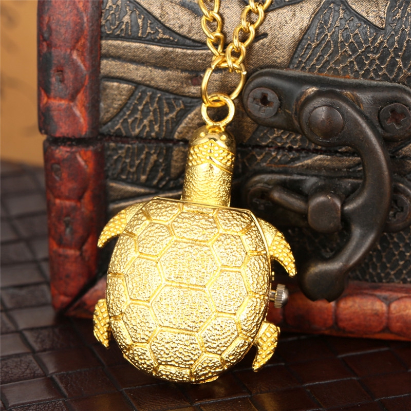 Luxury Golden Mini Tortoise Design Unisex Kids Quartz Analog Pocket Watch with Necklace Chain