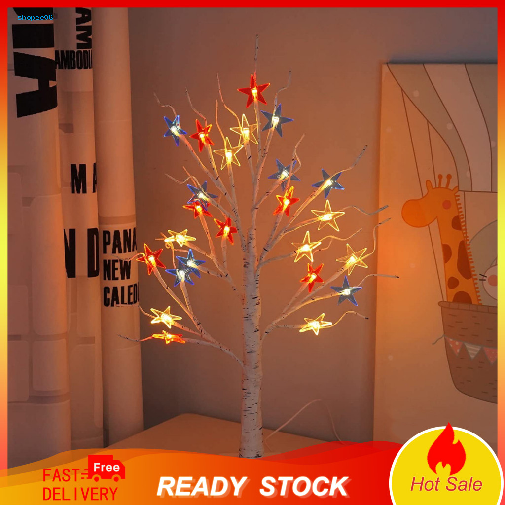Patriotic Decorative Lights July 4th Led Independence Day Star Tree Decoration 18/24 Inch Tabletop Light with 24 White B