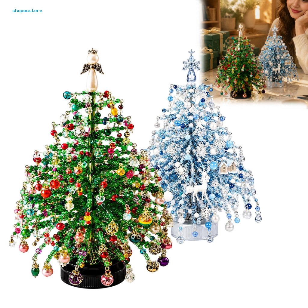 Christmas Tree Craft Kit Beaded Project 2 Pcs Diy with Led Light – Handmade Mini Bead Art Sparkling Holiday Tabletop f